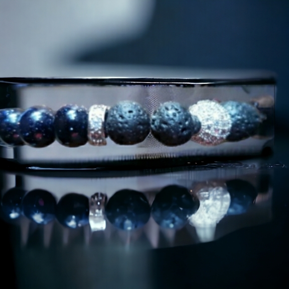 Sparkling Black Goldstone & Lava Rock Handmade Bracelet with Silver Accents. - Picture 2 of 10